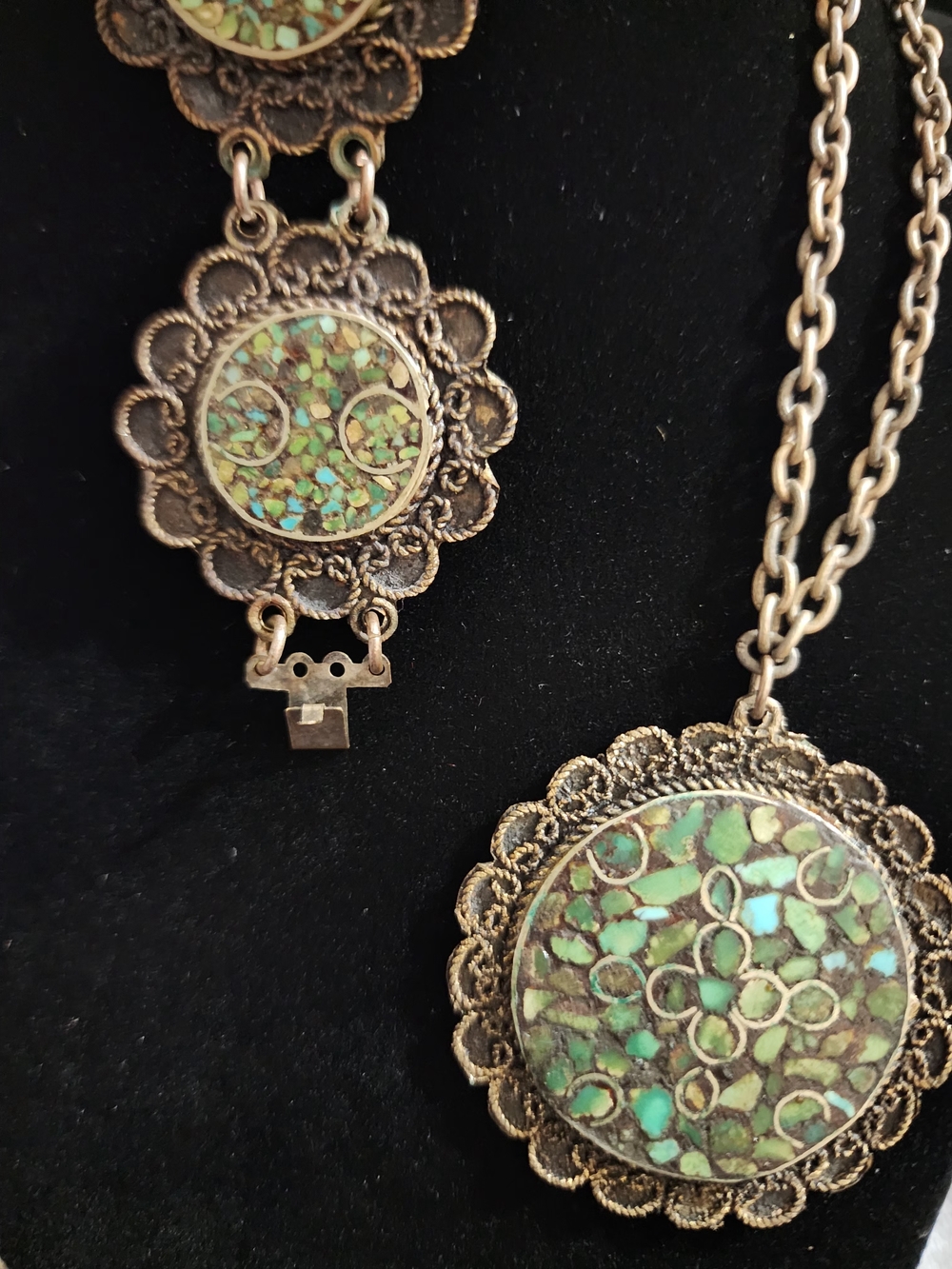 Vintage-Middle Eastern Green Mosaic Pendant Necklace and Matching Bracelet